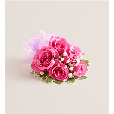 Hot Pink Spray Rose Corsage-Lavender Bow