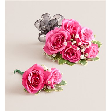 Hot Pink Spray Corsage & Bout-Black Bow